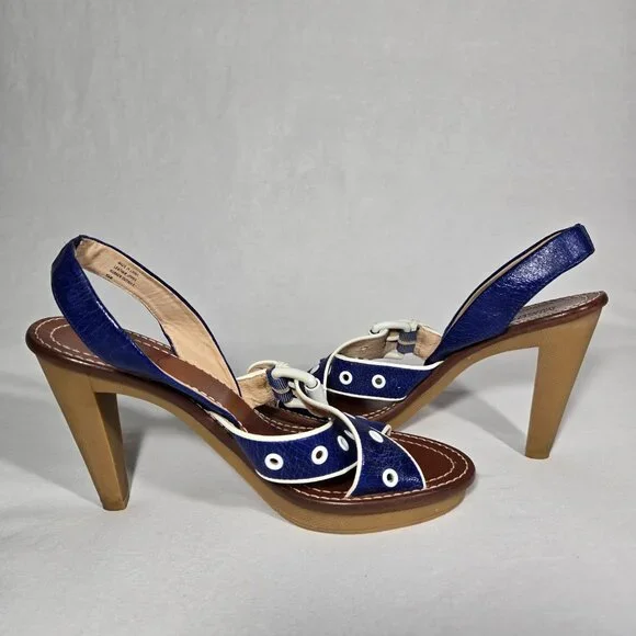 MICHAEL KORS Nautical Blue LEATHER Straps White Trim Slingback Heel Sandals 8.5M - Picture 9 of 16